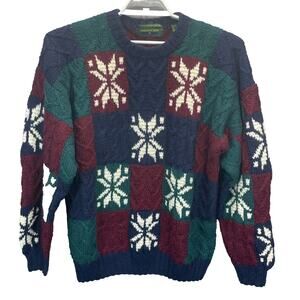 Vtg Embassy Row XL Blue Green Red Wool Sweater Color Block Cable Knit Crew Men's